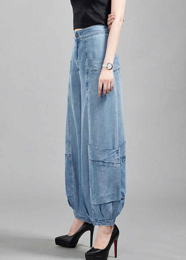 Fashion Light Blue High Waist Pockets Cotton Denim Lantern Pants Summer