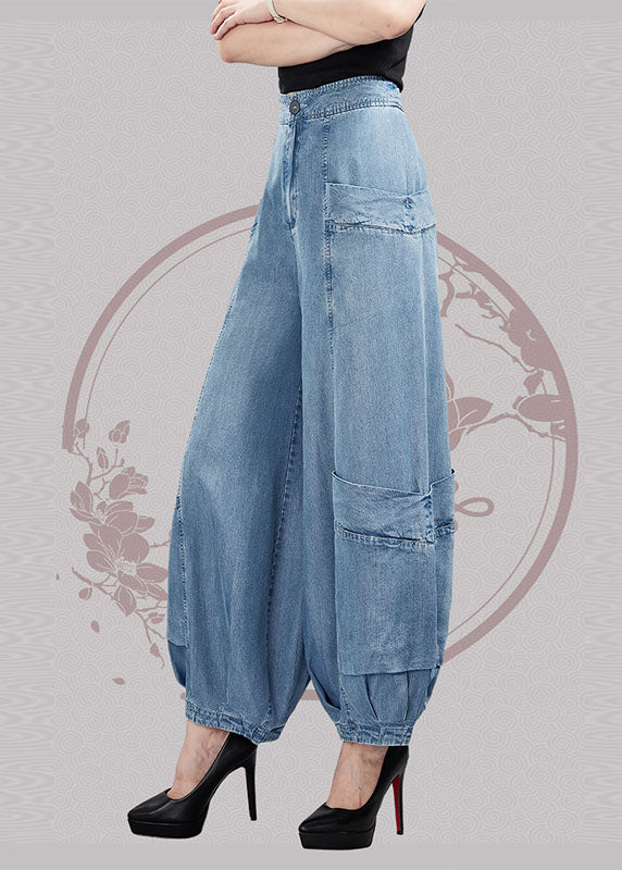 Fashion Light Blue High Waist Pockets Cotton Denim Lantern Pants Summer