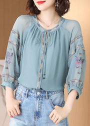 Fashion Light Blue O-Neck drawstring Embroideried Silk tops Spring