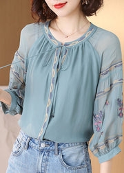 Fashion Light Blue O-Neck drawstring Embroideried Silk tops Spring