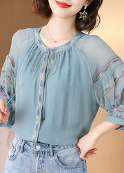 Fashion Light Blue O-Neck Drawstring Bestickte Seidentops Spring