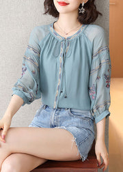 Fashion Light Blue O-Neck Drawstring Bestickte Seidentops Spring