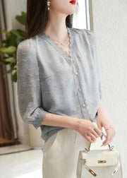 Fashion Light Blue V Neck Button Cotton Shirt Tops Half Sleeve