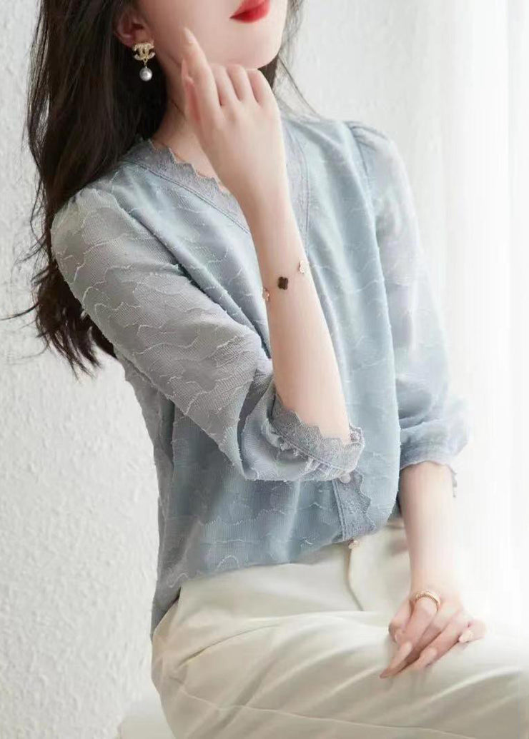 Fashion Light Blue V Neck Button Cotton Shirt Tops Half Sleeve