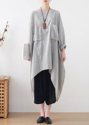 Fashion Light Grey Drawstring Asymmetrical Pockets Cotton Tops Batwing Sleeve