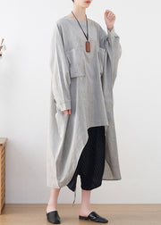 Fashion Light Grey Drawstring Asymmetrical Pockets Cotton Tops Batwing Sleeve