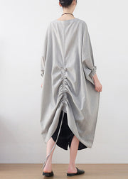 Fashion Light Grey Drawstring Asymmetrical Pockets Cotton Tops Batwing Sleeve