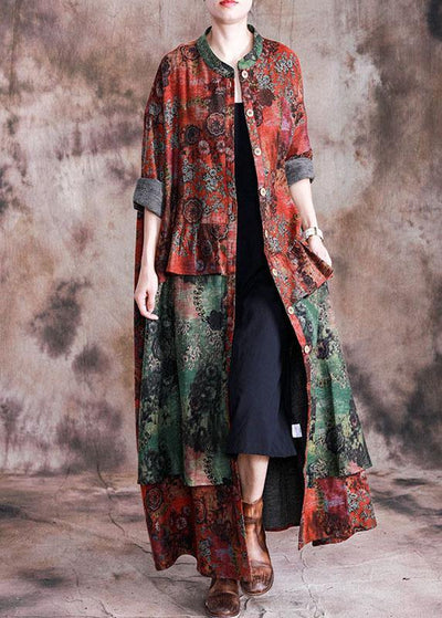Fashion Loose fall red patchwork green print pockets coat for woman - bagstylebliss