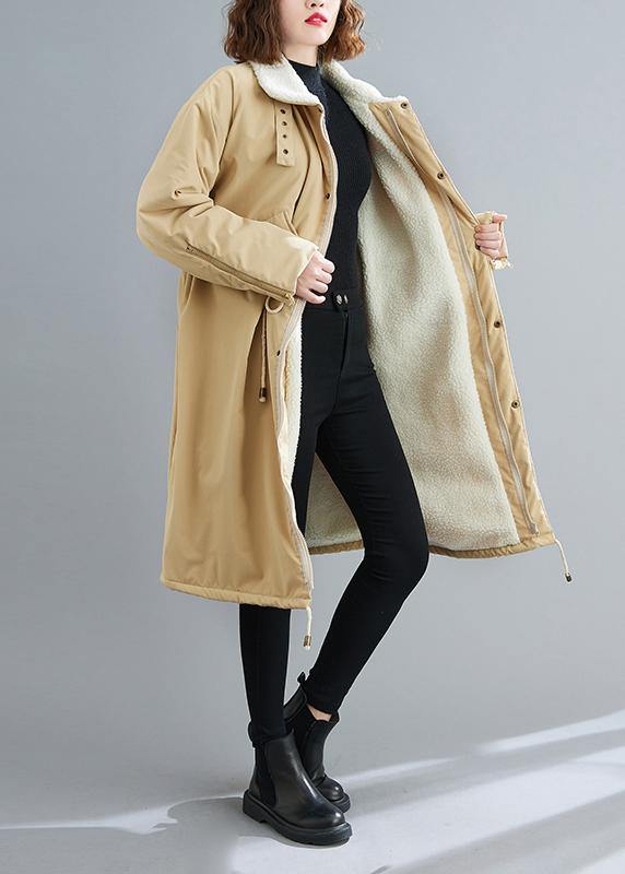 Fashion Loose fitting mid-length coats khaki Square Collar drawstring Woolen Coats - bagstylebliss