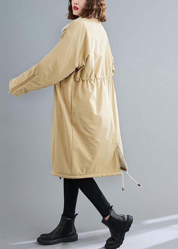 Fashion Loose fitting mid-length coats khaki Square Collar drawstring Woolen Coats - bagstylebliss