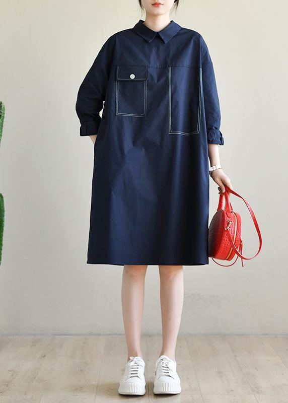 Fashion Navy Long Sleeve Peter Pan Collar Cotton Spring Dresses - bagstylebliss