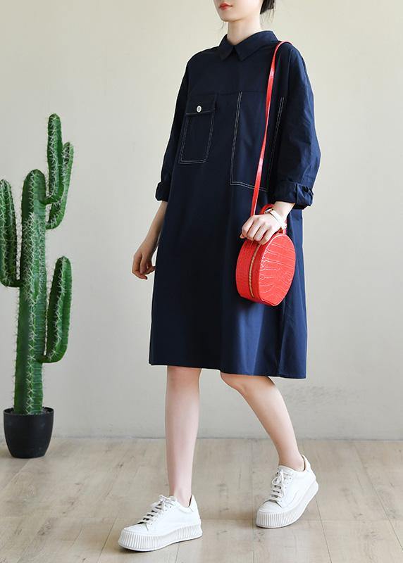 Fashion Navy Long Sleeve Peter Pan Collar Cotton Spring Dresses - bagstylebliss