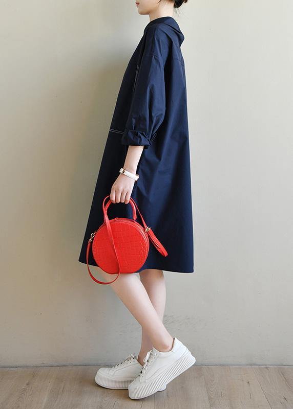 Fashion Navy Long Sleeve Peter Pan Collar Cotton Spring Dresses - bagstylebliss