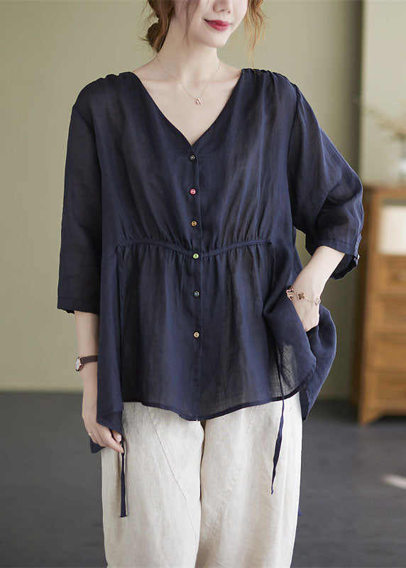 Fashion Navy Loose Button Tie Taille asymmetrisches Design Herbst Dreiviertel Ärmel Shirt Top