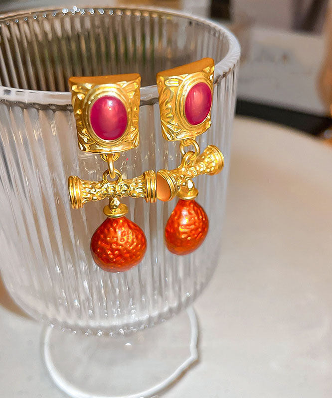 Fashion Orange Alloy Inlaid Gem Stone Drop Earrings