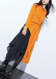 Fashion Orange Asymmetrical Design Patchwork Tie Waist Maxi Top Fall