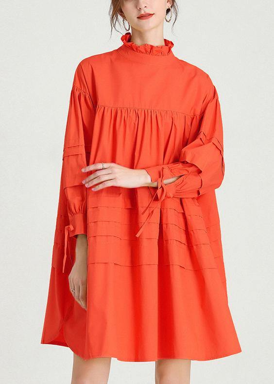 Fashion Orange Long sleeve Spring Cotton Dress - bagstylebliss