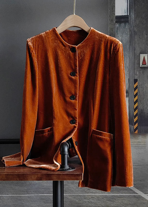 Fashion Orange O-Neck Button Patchwork Silk Velour Coats Spring