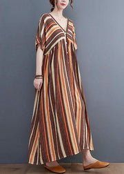 Fashion Orange Striped V Neck Patchwork Holiday Cotton Linen Dress - bagstylebliss