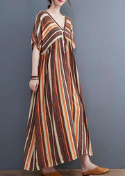 Fashion Orange Striped V Neck Patchwork Holiday Cotton Linen Dress - bagstylebliss