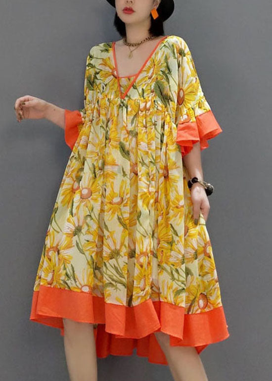 Fashion Orange V Neck wrinkled Print Chiffon Dress flare sleeve