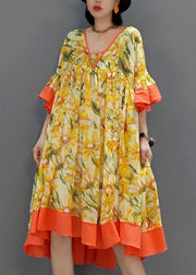 Fashion Orange V Neck wrinkled Print Chiffon Dress flare sleeve