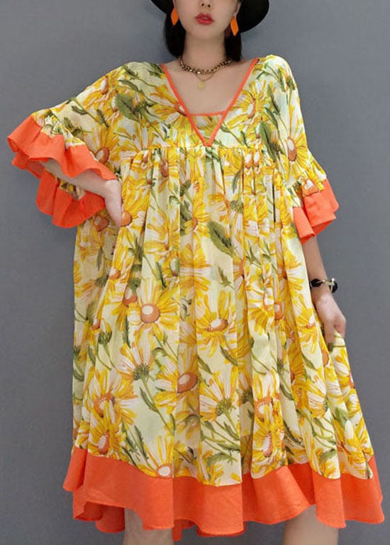 Fashion Orange V Neck wrinkled Print Chiffon Dress flare sleeve