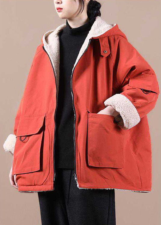 Fashion Orange Kapuzentaschen mit Reißverschluss Lose Winter Parkas Mantel