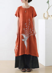 Fashion Orange phoenix Embroideried Linen side open Summer Long Dress - bagstylebliss