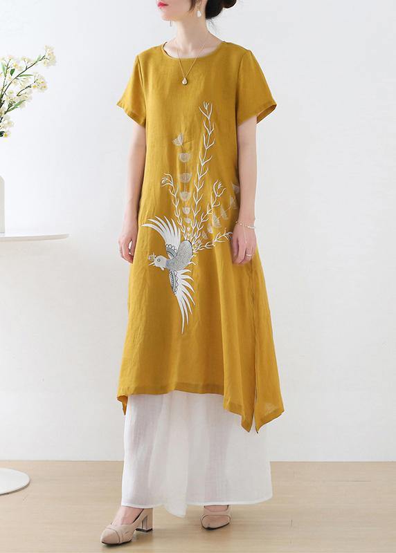 Fashion Orange phoenix Embroideried Linen side open Summer Long Dress - bagstylebliss