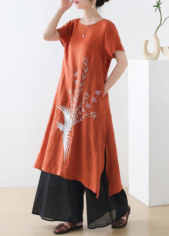 Fashion Orange phoenix Embroideried Linen side open Summer Long Dress - bagstylebliss