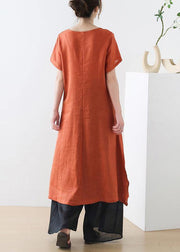 Fashion Orange phoenix Embroideried Linen side open Summer Long Dress - bagstylebliss