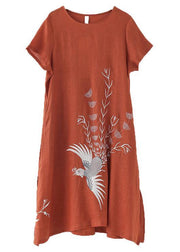 Fashion Orange phoenix Embroideried Linen side open Summer Long Dress - bagstylebliss