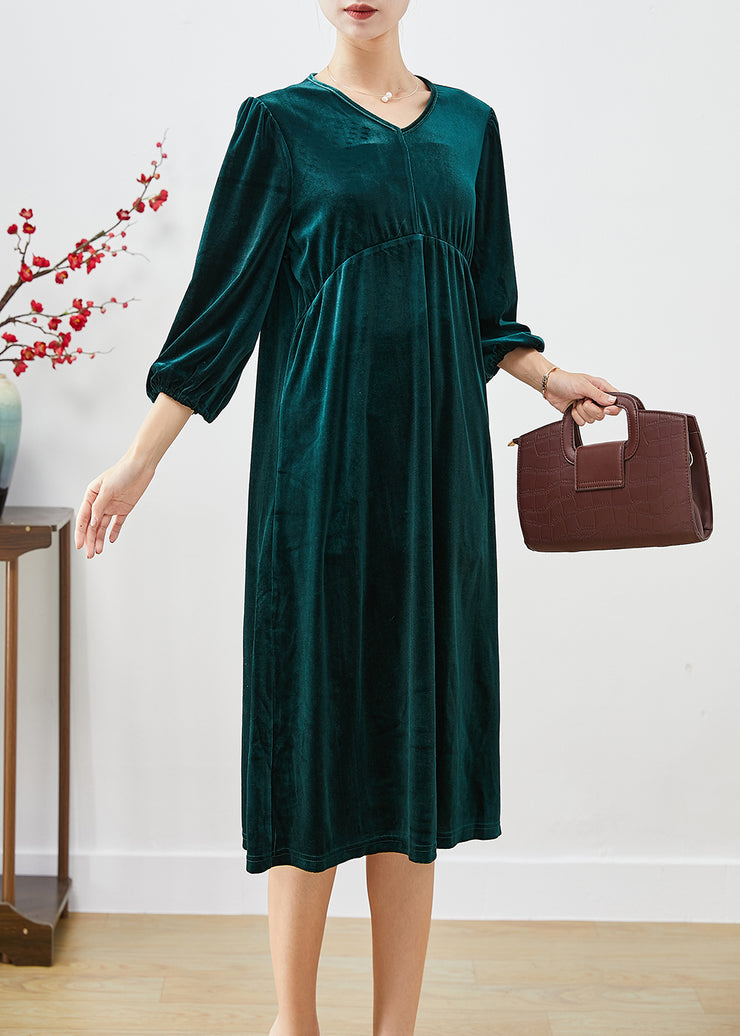 Fashion Peacock Green Oversized Patchwork Silk Velour Holiday Dress Lantern Sleeve