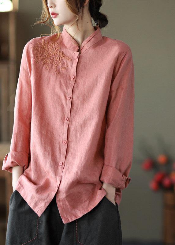 Fashion Pink Button Embroideried Fall Linen Tops Long Sleeve - bagstylebliss