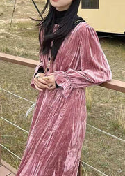 Fashion Pink Button Patchwork Velour Long Dresses Spring