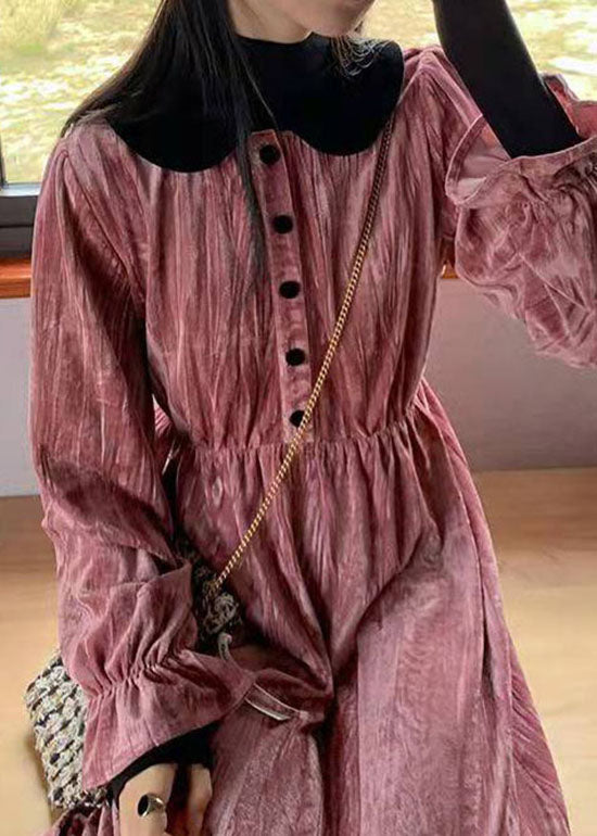 Fashion Pink Button Patchwork Velour Long Dresses Spring