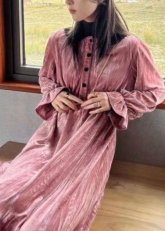 Fashion Pink Button Patchwork Velour Long Dresses Spring