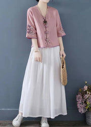 Fashion Pink Embroideried Button Shirts Half Sleeve