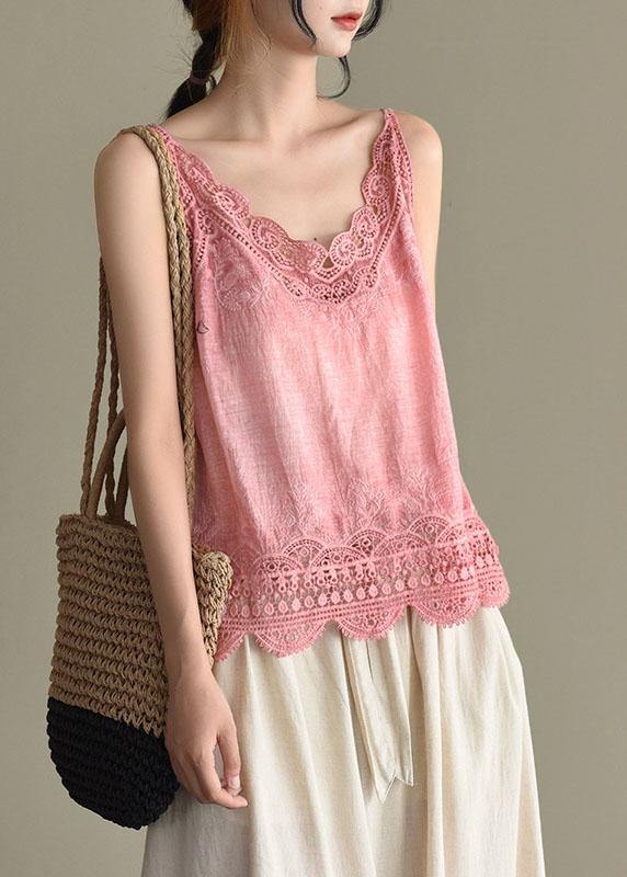 Fashion Pink Embroideried Lace Hollow Out Summer Cotton Vest Sleeveless - bagstylebliss