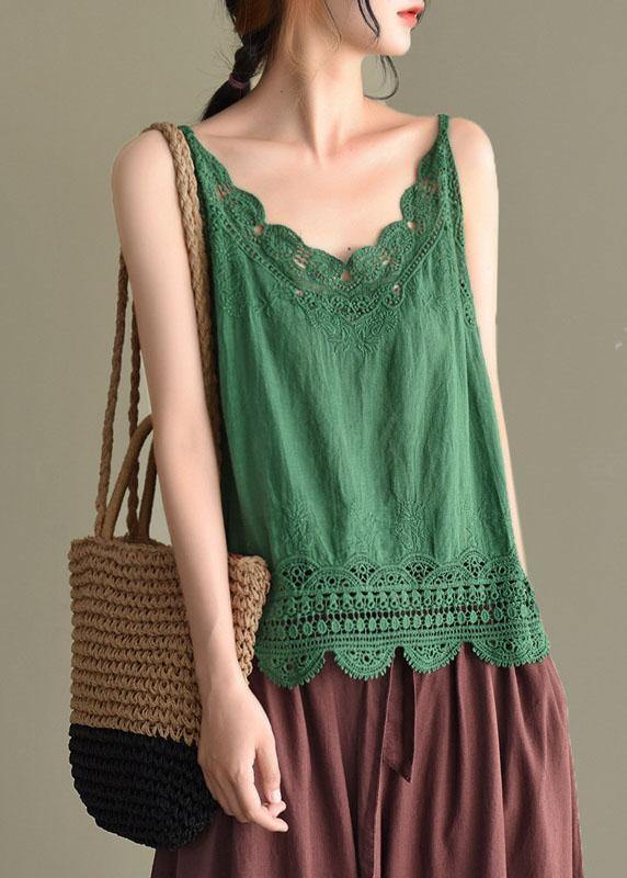 Fashion Pink Embroideried Lace Hollow Out Summer Cotton Vest Sleeveless - bagstylebliss