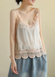 Fashion Pink Embroideried Lace Hollow Out Summer Cotton Vest Sleeveless - bagstylebliss