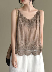 Fashion Pink Embroideried Lace Hollow Out Summer Cotton Vest Sleeveless - bagstylebliss