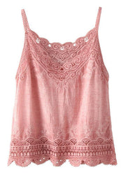 Fashion Pink Embroideried Lace Hollow Out Summer Cotton Vest Sleeveless - bagstylebliss