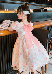 Fashion Pink O Neck Print Patchwork Chiffon Kids Girls Princess Dress Summer