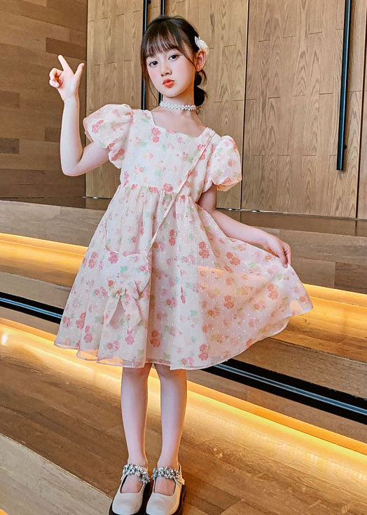 Fashion Pink O Neck Print Patchwork Chiffon Kids Girls Princess Dress Summer