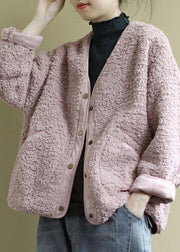 Fashion Pink Pockets Button Casual Fall Winter Thick Coats Long sleeve