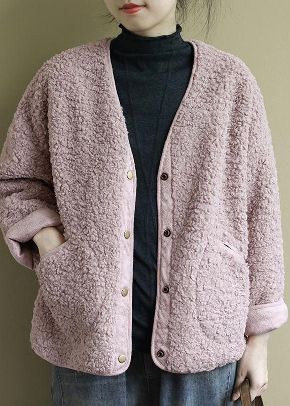 Fashion Pink Pockets Button Casual Fall Winter Thick Coats Faux Fur