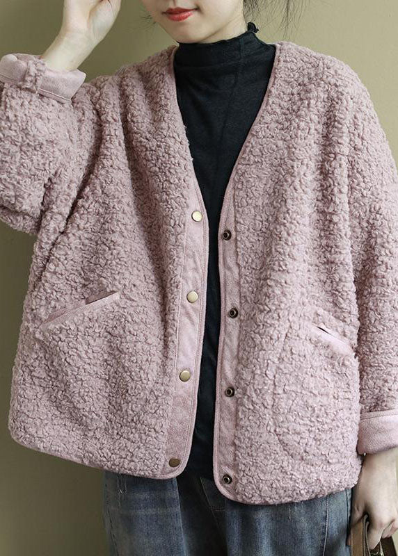 Fashion Pink Pockets Button Casual Fall Winter Thick Coats Faux Fur