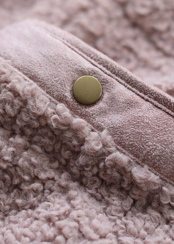 Fashion Pink Pockets Button Casual Fall Winter Thick Coats Faux Fur